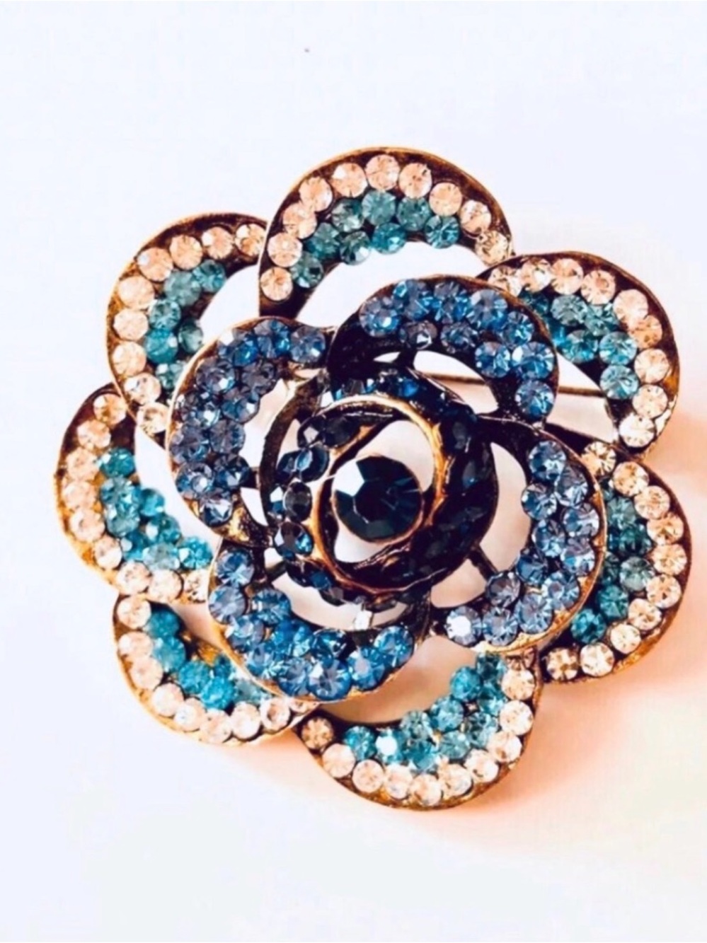 Vintage Blue Crystal Floral Rose Brooch - Women Jewelry